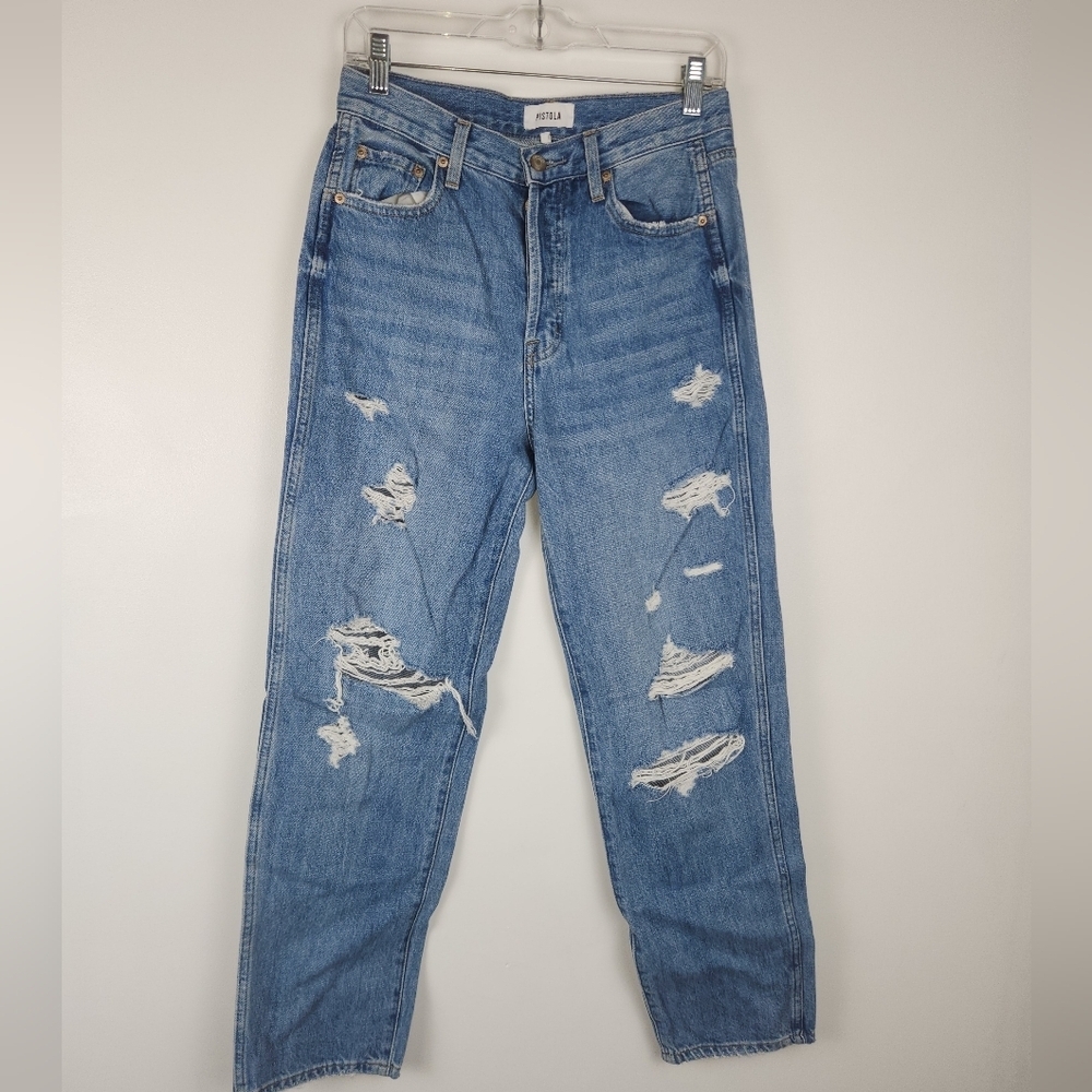 Pistola High Rise Distressed Ripped Boyfriend Mom Jeans Light Wash Denim Size 25